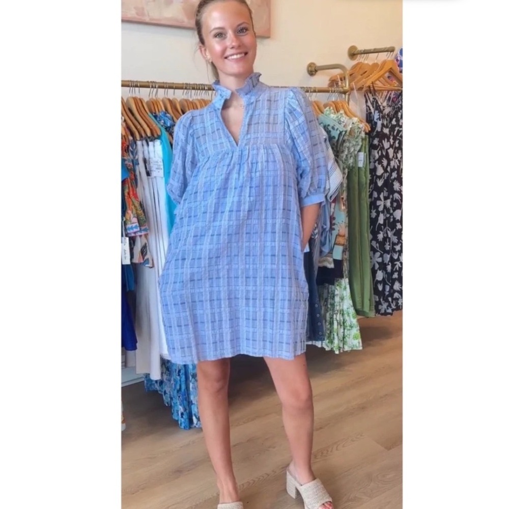 Jade Melody Tam Blue Plaid Ruffle Neck Puff Sleeve Babydoll Mini Dress Pocket S